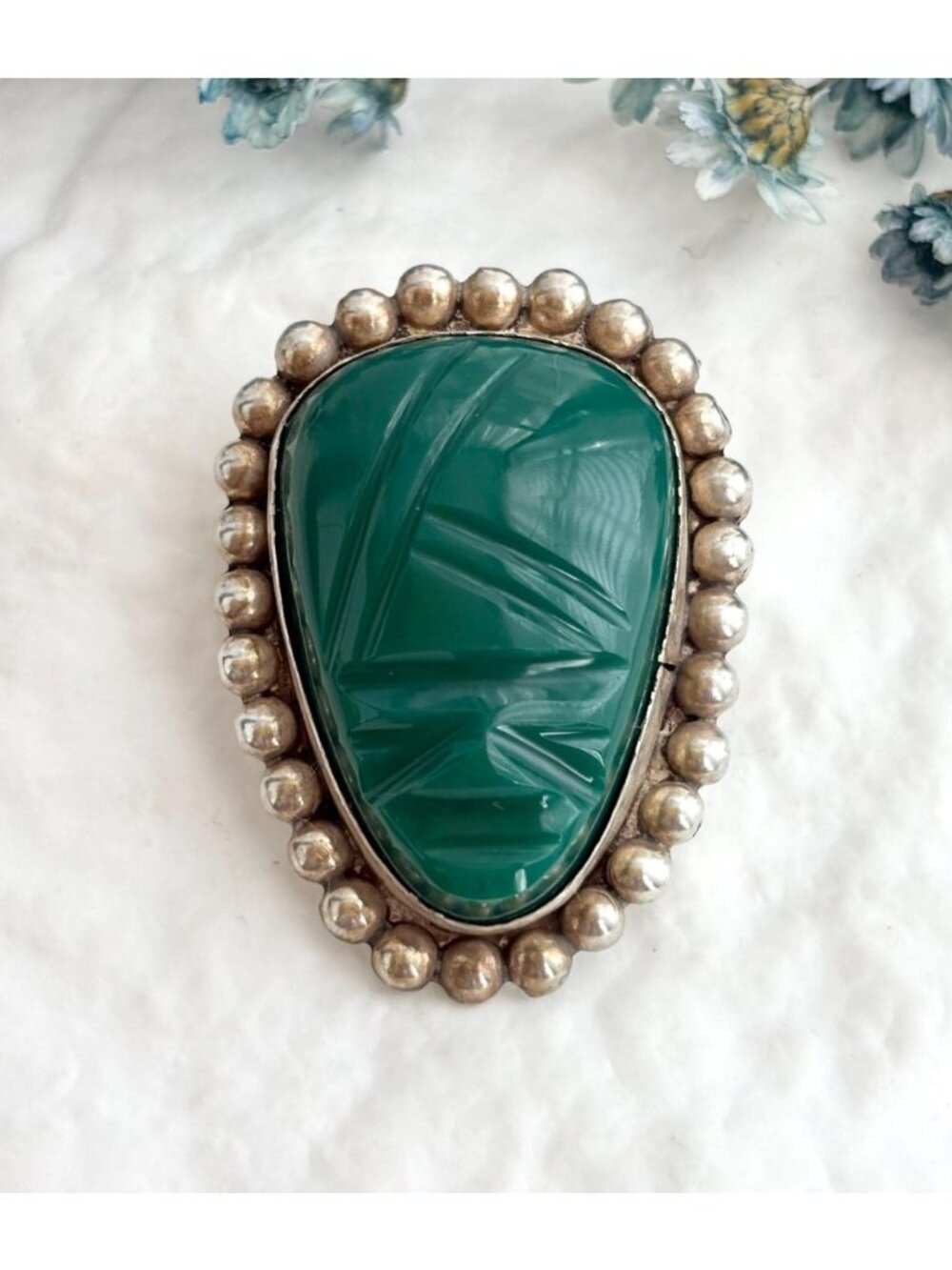Mexican Made Green Onyx Aztec Mask Handcarved Sterling Silver 925 Vintage Brooch